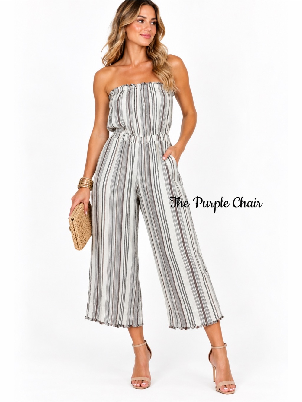 CLOTH & STONE Striped Strapless Linen Blend Cropped Jumpsuit S
